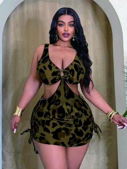 Slaydiva Bộ bikini hai mảnh cỡ lớn dành cho nữ, họa tiết da báo, dây đeo dày, trang trí vòng phía trước, quần tam giác viền lưới, bikini buộc cổ hở lưng.