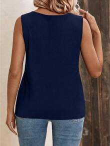 EMERY ROSE Plus Size Women Lace Collar V-Neck Casual Tank Top - Navy Blue - View 2