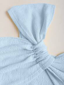 Sweetra Setelan 2 Potong Modis Warna Polos dengan Tali Bahu Miring dan Detail Kerut, Cocok untuk Liburan Musim Panas, Warna Biru Muda yang Elegan - Baby Blue - View 5