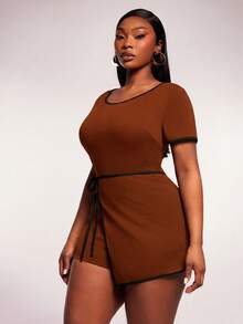 Radiana Women's Brown Short Sleeve Sports Set With Contrast Trim And Wrap Detail Skort For Active Wear - Brown - View 8