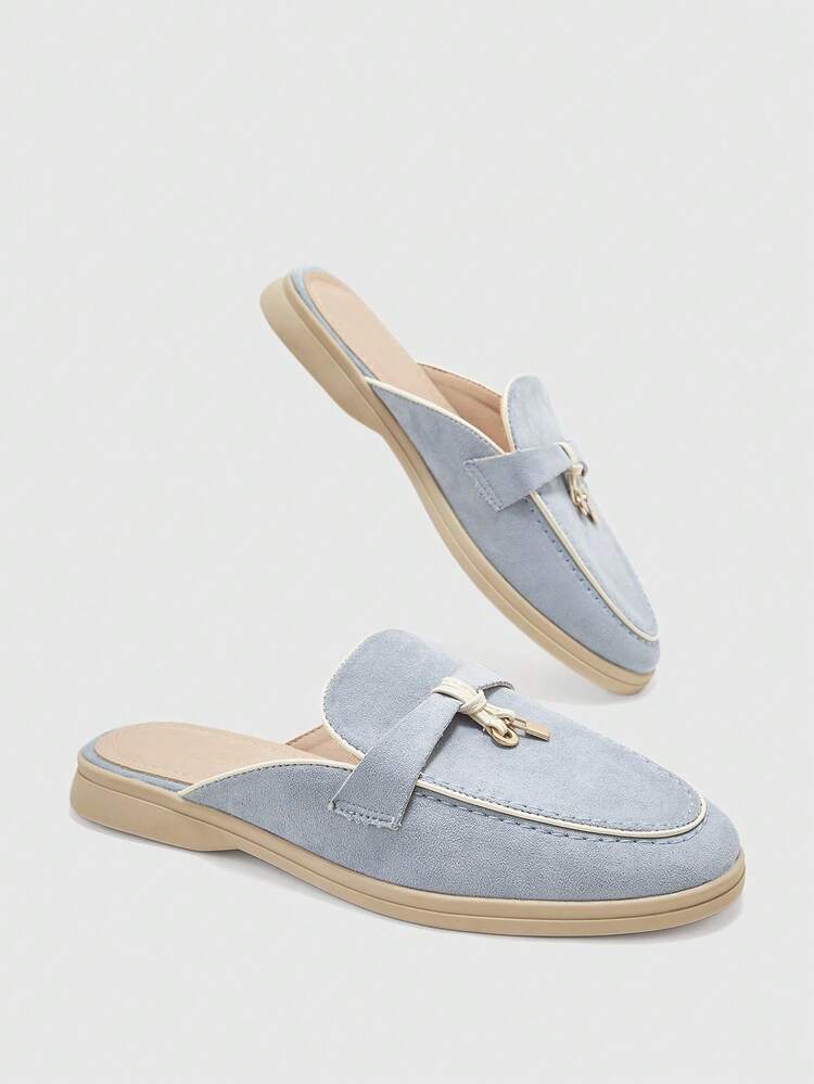 CUCCOO BIZCHIC Fashion Sky Blue White Edge Suede Comfortable Commuter Women's Flat Mule Shoes Women's Flat Shoes Slippers Suitable For Outdoor Shopping And Work Daily Comfortable Women's Shoes