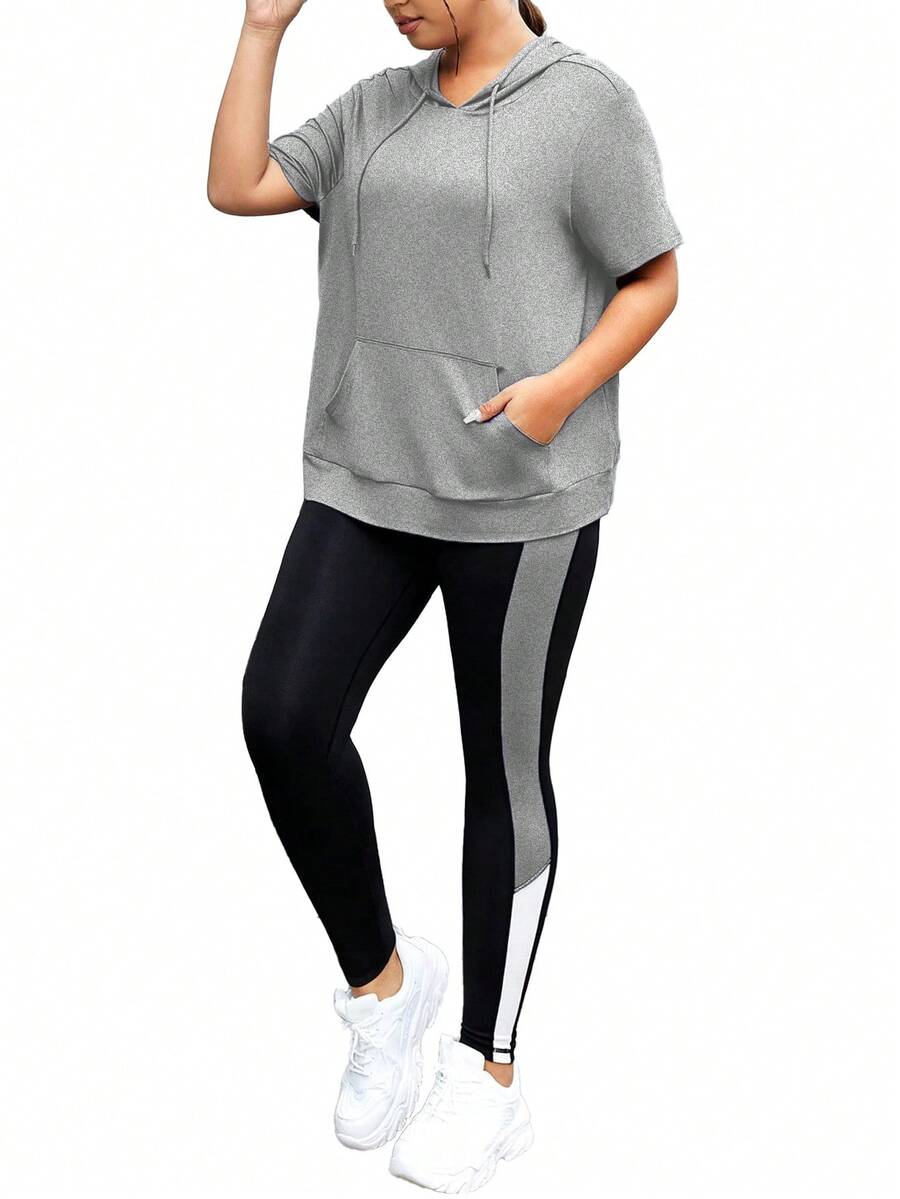 SHEIN Sports 大码女式纯色短款背心和高腰紧身裤休闲运动装 - 深灰色 - 查看 1