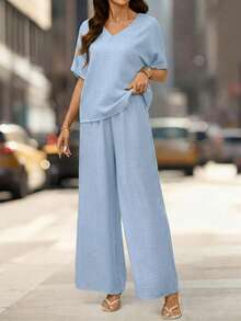 Editum Women's Round Neck Short Sleeve Loose Top And Wide Leg Pants,Light Blue Textured Fabric Solid Color Elegant Outfit For Summer,Casual,Occasion,Commute - Baby Blue - View 6