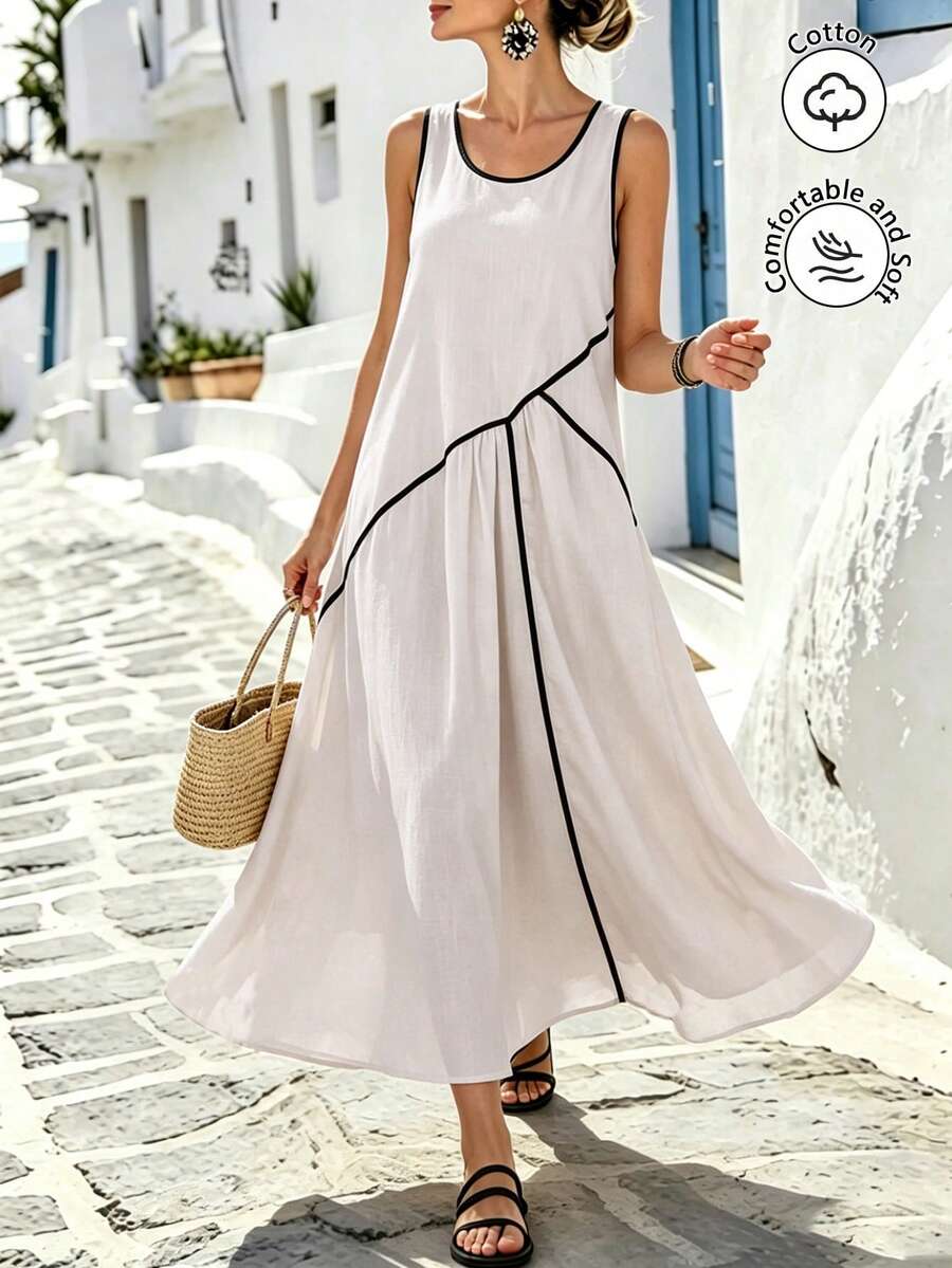 Al Najma Vestido de cuello redondo sin mangas con bloques de color asimétricos, primavera/verano