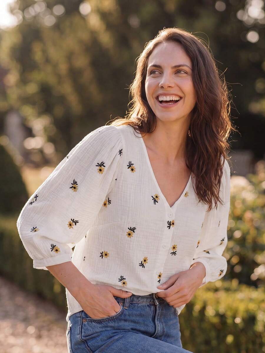 Dayvera Fashionable French Floral Embroidered Blouse, Loose Cotton Casual Cottage Core Resort Style, V-Neck 3/4 Puff Sleeve Top, Fresh Ditsy For Autumn Brunch - White - View 1