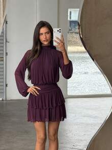 Aloruh Women's Sexy Elegant Halter Waist Ruched Ruffle Hem Long Sleeve Mini Dress - Purple - View 3