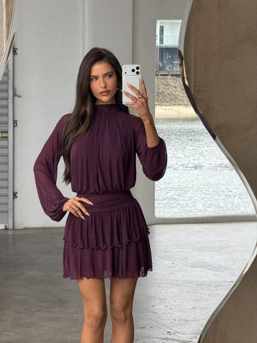 Aloruh Women's Sexy Elegant Halter Waist Ruched Ruffle Hem Long Sleeve Mini Dress - Purple - View 1