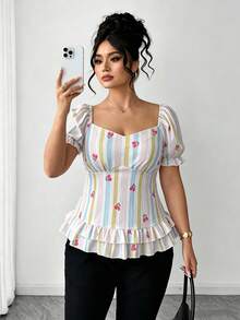 Elenzga Plus Size Waist Cinching Textured Striped Cherry Print Elegant Palace Style Blouse - Multicolor - View 4