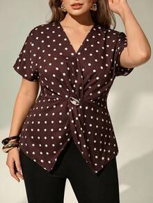 Auralis Plus Size Women Polka Dot Print Metal Buckle Ruched Short Sleeve Blouse Casual Brown Blouse For Women Elegant Office Formal Work Blouse For Women Going Out Tops For Women  Going Out Outfits Tops For Going Out - Brown - View 1