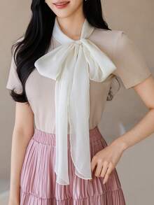 DAZY 春夏蝴蝶结针织短袖T恤，独特青春女式上衣 - 杏色 - 查看 6