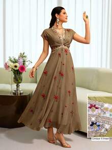 Al Najma Embroidered V-Neck Cinched Waist Short Sleeve Flared Elegant Dress For Women - Brown - View 2