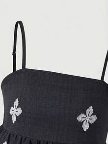 SHEIN 青少年女孩刺繡細肩帶背心與休閒長褲套裝 度假風 黑色 夏季 - 黑色 - 查看 8
