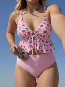 Swim Mod 2026 Spring/Summer New Plus Size Women's Fashionable Fresh Fruit Random Digital Print Bikini Set, Beach Outfit - Pink - View 4