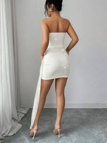 Franclia Women's Elegant Sexy Party Tube Top Short Sequin Sequins Mesh Fabric Irregular Ruffle Hem Cocktail Dress - White - View 2