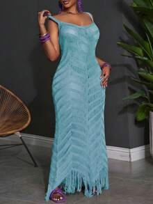 Slaydiva Plus Size Summer Sleeveless Hollow-Out Sheer Dress - Mint Blue - View 5