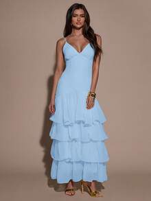 SHEIN BAE Women's Solid Color Ruffled Hem Elegant Spaghetti Strap Dress - Baby Blue - View 3