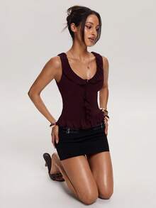 SHEIN BAE Women's Solid Color Ruffle Trim Fitted Blouse - Maroon - View 6