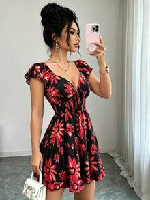 Elenzga Đầm mini nữ thanh lịch, thời trang, thoải mái, quyến rũ, cổ điển, tối giản, cao cấp, lãng mạn, thích hợp cho kỳ nghỉ hè, hở lưng, tay bồng xếp ly, thắt eo chéo, dáng chữ A, họa tiết hoa nhuộm tie-dye (Họa tiết ngẫu nhiên) - màu đen - Xem 9