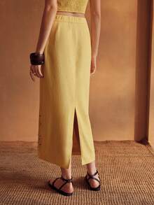MOTF PREMIUM WOMEN'S LINEN ROPE EMBROIDERED BEADED VACATION SKIRT - Yellow - View 8