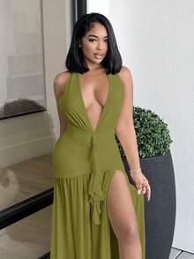 Alexandranx 性感简约纯色奶油黄深V领露背紧身褶皱网纱连衣裙，适合派对、鸡尾酒会、正式场合、伴娘、生日、圣诞节、商务休闲等场合，优雅女士礼服 - 橄欖綠 - 查看 3