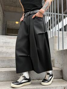 Manfinity EMRG Pantalon cargo décontracté noir, taille haute plissée avec décoration métallique, pantalon large et ample, pantalon cargo de style de rue polyvalent, streetwear hip hop - Noir - Voir 6