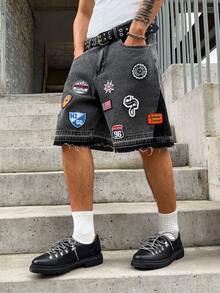 Manfinity EMRG 男士夏季刺繡牛仔短褲，寬鬆街頭風街頭穿搭百慕達短褲 日拳擊深灰色，度假 - 深灰色 - 查看 6