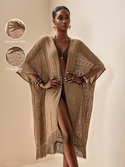 Zivah Áo khoác ngoài kiểu kimono dáng suông, chất liệu dệt kim mỏng, khoét eo, thích hợp cho kỳ nghỉ hè năm 2026 dành cho nữ.