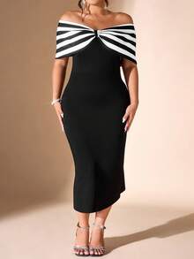 Cravure Vestido ajustado y ceñido con lazo delantero y abertura en la espalda, elegante para salidas y fiestas, talla grande para mujeres - Negro - Ver 3
