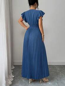 Elenzga New V-Neck Ruffle Sleeve Woven Solid Color Metal Decor Button Pleated Design Elegant Young Party Holiday Dinner Cocktail Maxi Dress For Women - Blue - View 2