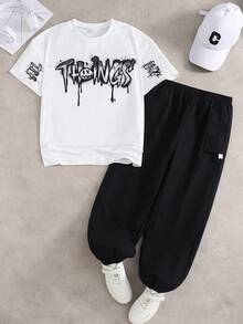 Coolqubz 2 piezas Conjunto de camiseta casual de cuello redondo estampada y pantalones con cordón para adolescentes, adecuado para uso diario, ir al trabajo y actividades al aire libre - Blanco y Negro - Ver 3
