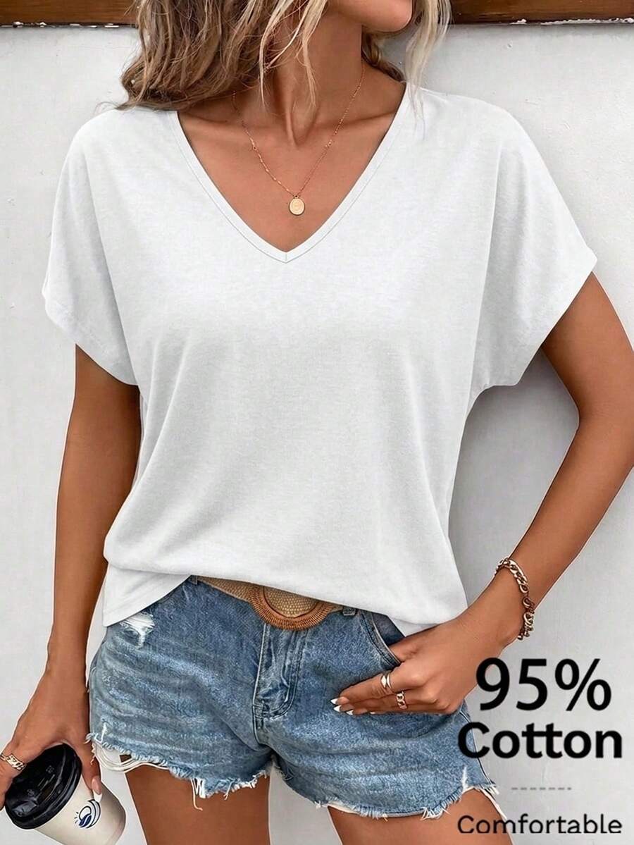 SHEIN Frenchy 95%纯棉休闲简约白色女式T恤,适合夏季穿着 - 白色 - 查看 1