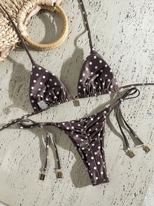Swim Mod Conjunto de bikini de 2 piezas con tirantes de espagueti, decoración metálica y estampado aleatorio para mujer, ideal para primavera y verano - Multicolor - Ver 3