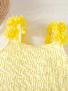 SHEIN Kids Holiday Vacation Young Girl Knitted Solid Color One-Piece Yellow Bow Swimwear - Yellow - View 4