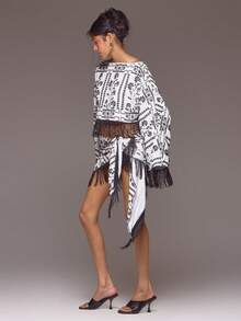 MUSERA Bộ đồ Bardot trễ vai, tua rua, in họa tiết, áo và váy sarong buộc dây, thích hợp cho kỳ nghỉ xuân hè, du lịch Ibiza, phong cách thanh lịch, bãi biển Roja De Sol. - Đen và trắng - Xem 3
