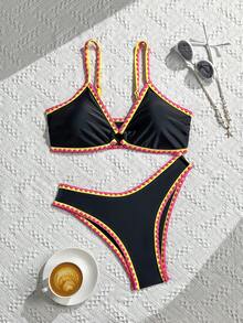 Swim SXY 夏季新款純色可調式肩帶貝殼飾邊低腰三角比基尼兩件式泳衣套裝女款 - 彩色 - 查看 3