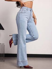 SHEIN Tall 女款高腰口袋寬腿鬆垮休閒百搭牛仔褲，春夏情人節婚禮優雅丹寧牛仔褲，適合高個女性 - 淺色水洗藍 - 查看 4