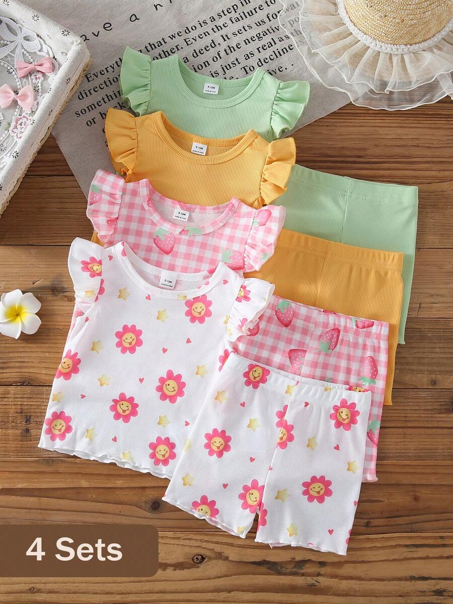 SHEIN 8件組/女嬰(0-3歲)白色夏季可愛度假格紋向日葵草莓短袖背心T恤上衣與短褲 8件4套裝 - 彩色 - 查看 1