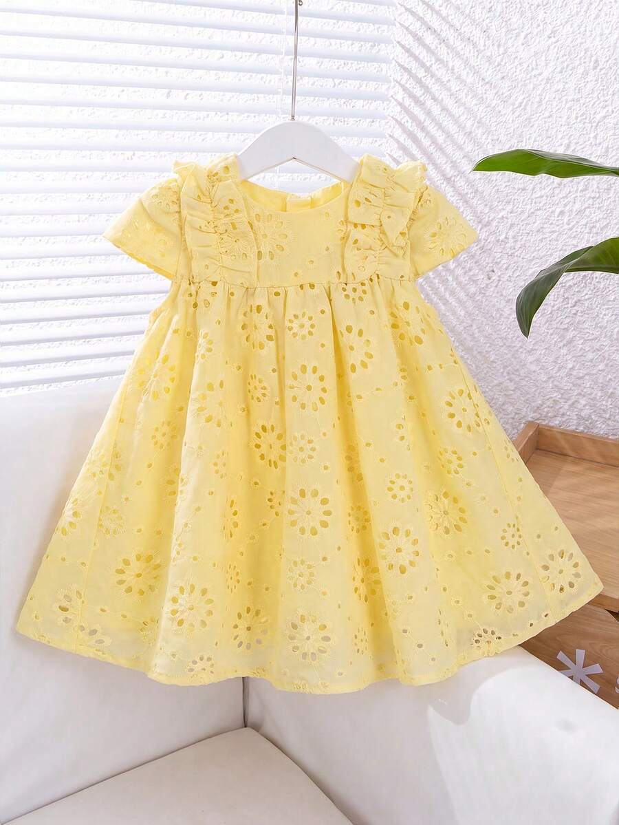 Babygirl Summer Cute Solid Color Embroidered Hollow Out Ruffle Hem Sleeveless Dress - Mustard Yellow - View 1