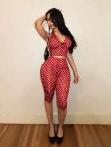 BamGleam Women's Sexy Polka Dot Print Backless Halter Top And Leggings 2 Pieces Set, Summer - Red - View 4
