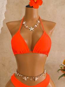 Swim Mod Women's Solid Color Halter Bikini Set, Summer Beach Vacation - Burnt Orange - View 6