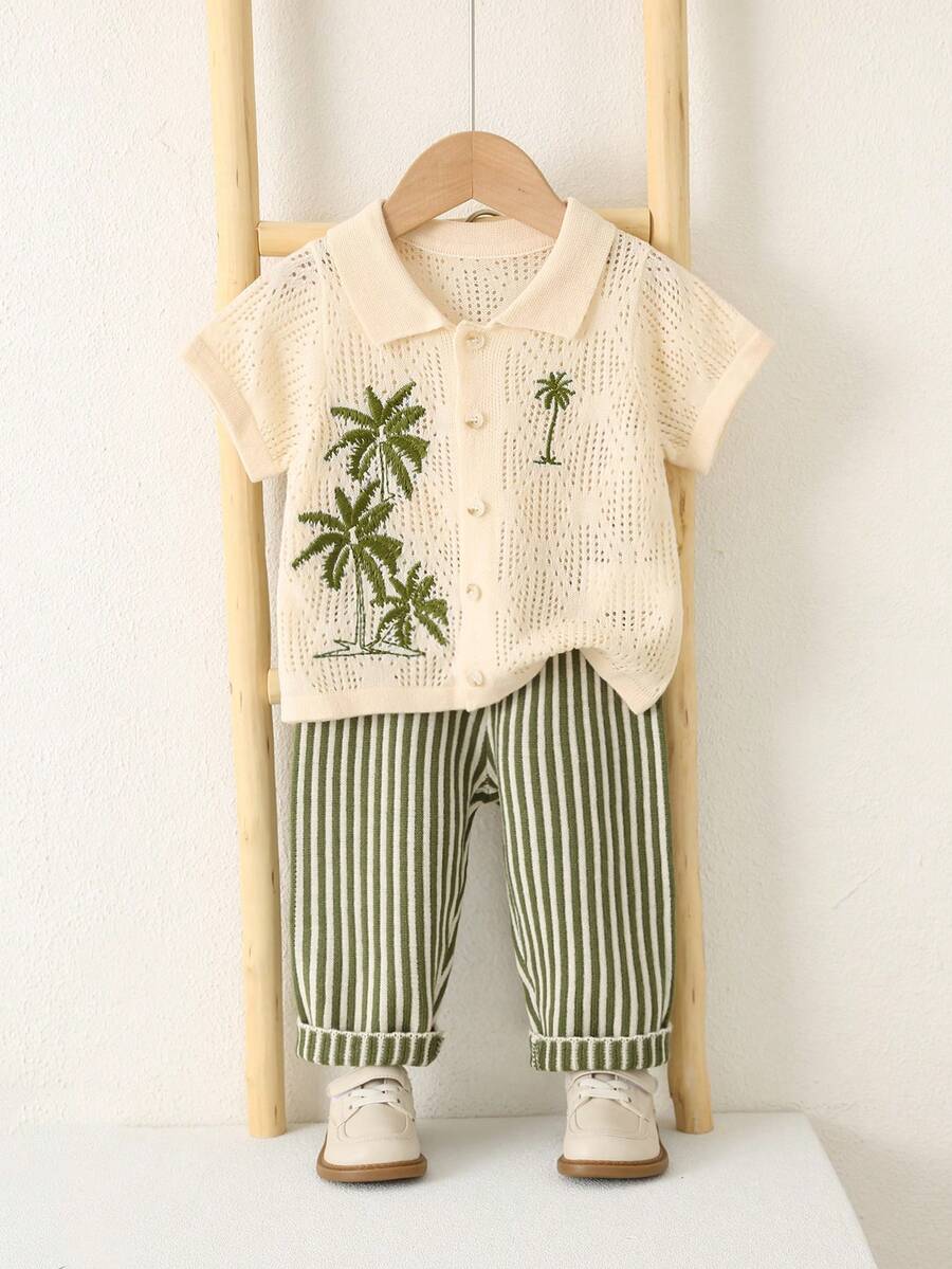 SHEIN Bộ đồ đôi 2 món cho bé trai/bé gái, kiểu dáng thường ngày dễ thương, áo khoác cardigan ngắn tay và quần dài, bộ quần áo mùa hè cho bé trai. - màu xanh lá - Xem 1