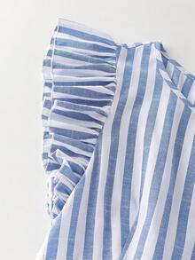 SHEIN Holidaya Women's Cotton & Linen Blue And White Stripe Midi Dress,Elegant Summer Holiday Tea Party Sleeveless A-Line Patchwork Waist Hollow Lace Decor Dress - Blue - View 6