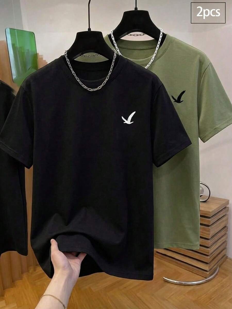 SHEIN Vacaura 2pcs/Set Teen Boy Embroidered Crew Neck Short Sleeve T-Shirts, Fashionable & Versatile - Multicolor - View 1