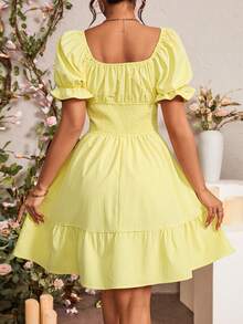 Rafferiza Solid Color Square Neck Ruffle Hem Short Sleeve Dress - Light Yellow - View 2