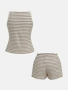 Travachic KIDS Bộ đồ thể thao cho bé gái tuổi teen Travachic: Áo hai dây dệt kim kẻ sọc và quần short cạp chun. - màu nâu - Xem 3