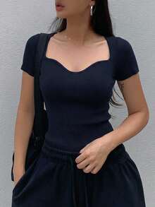 DAZY Solid Sweetheart Neck Ribbed Knit Top Cute Tops - Navy Blue - View 7