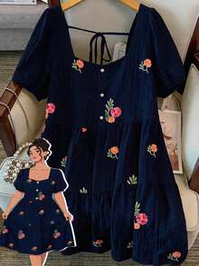 GlowEve CURVE Plus Size Women's Popular Square Neck Elegant Embroidered Floral Dress, Exquisite Embroidered Dress Suitable For Daily Commute And Outdoor Activities - Navy Blue - View 1