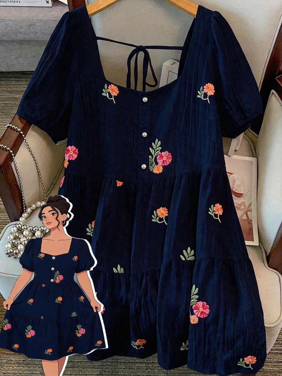GlowEve CURVE Plus Size Women's Popular Square Neck Elegant Embroidered Floral Dress, Exquisite Embroidered Dress Suitable For Daily Commute And Outdoor Activities - Navy Blue - View 1
