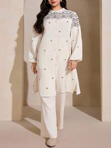 Graceveil Plus Size Mandarin Collar Front Button Elegant Matching Modest 2 Pieces Set, Long Sleeve Family Thailand Holiday Beige White - Apricot - View 4