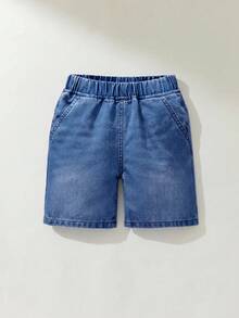 SHEIN Young Boy Elastic Waist Denim Shorts, Casual Washed Jeans - Medium Wash - View 1